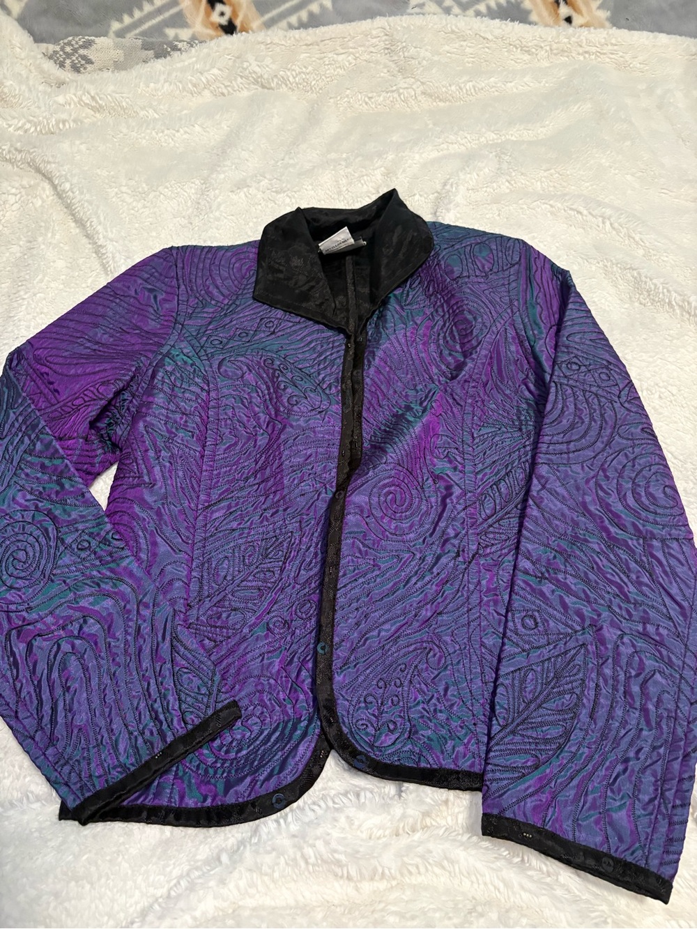 Women's Purple Quilted Cardigan Jacket with Black Trim
